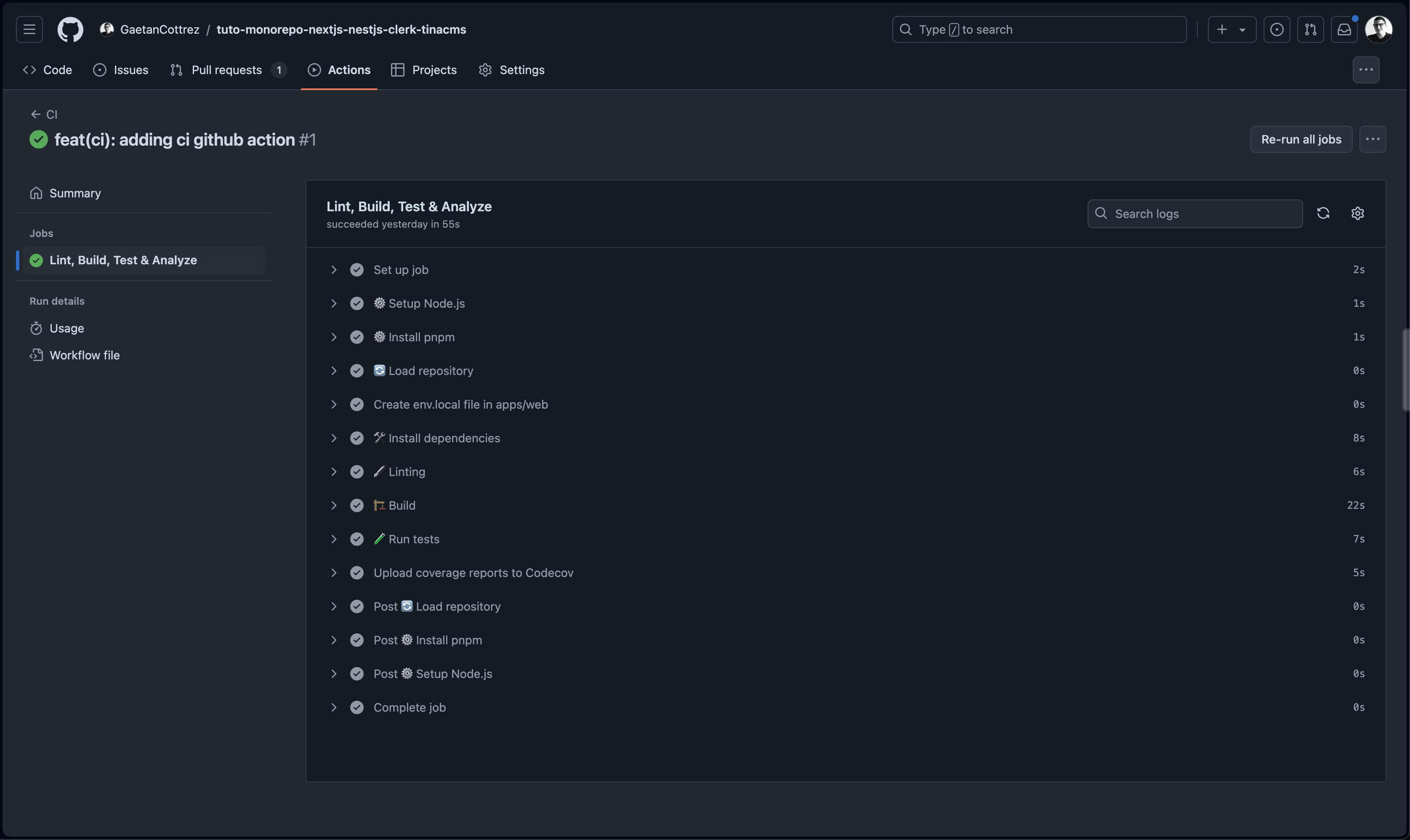 résultat workflow github actions