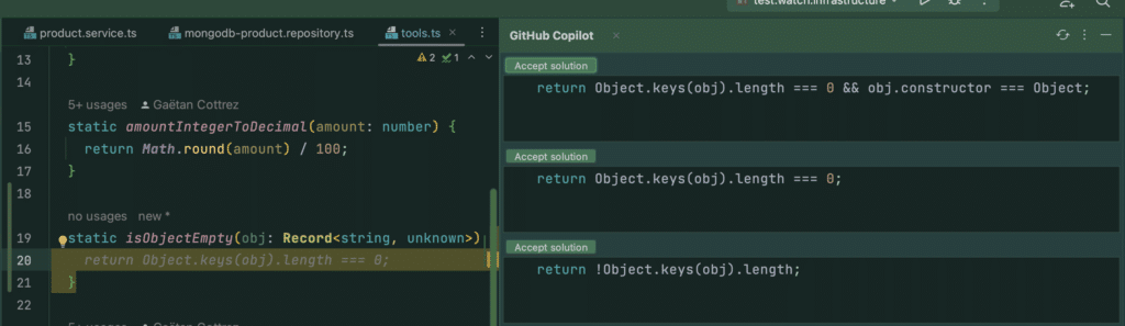 Onglet de proposition de Github Copilot dans WebStorm