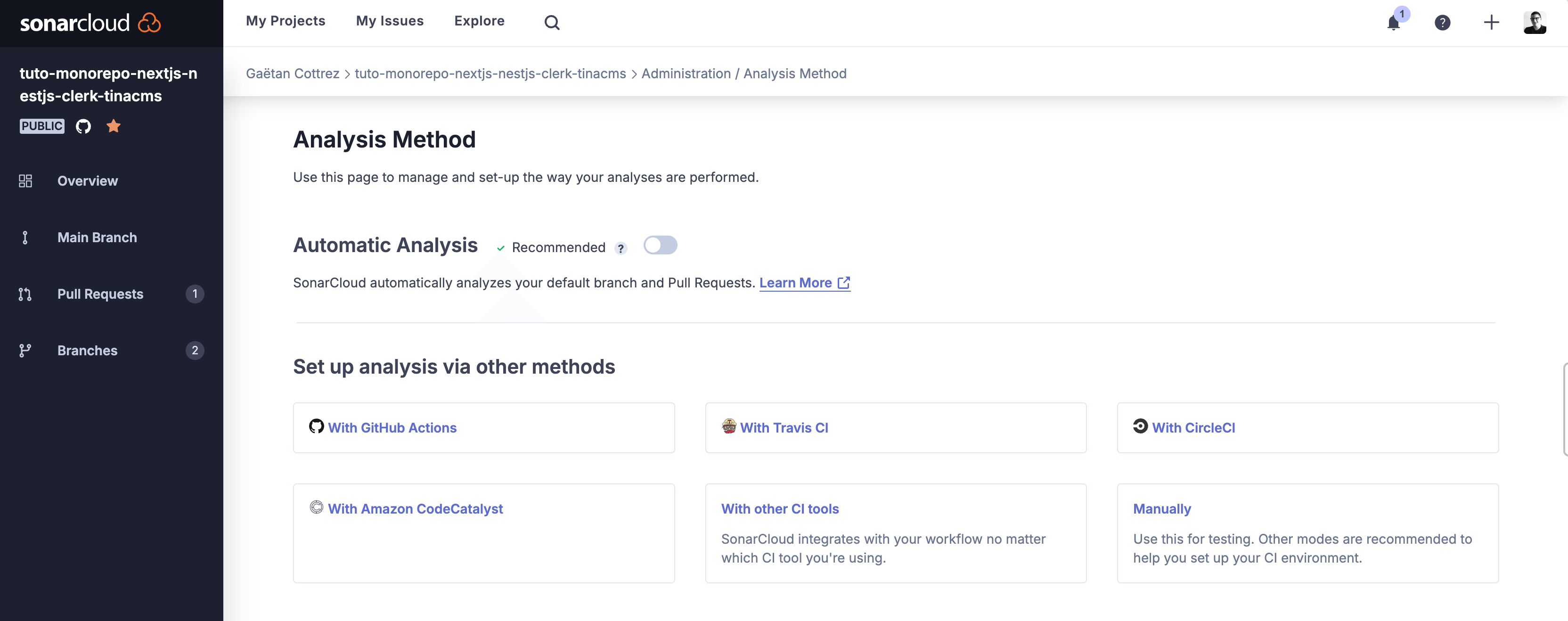 interface sonarcloud méthode analyse