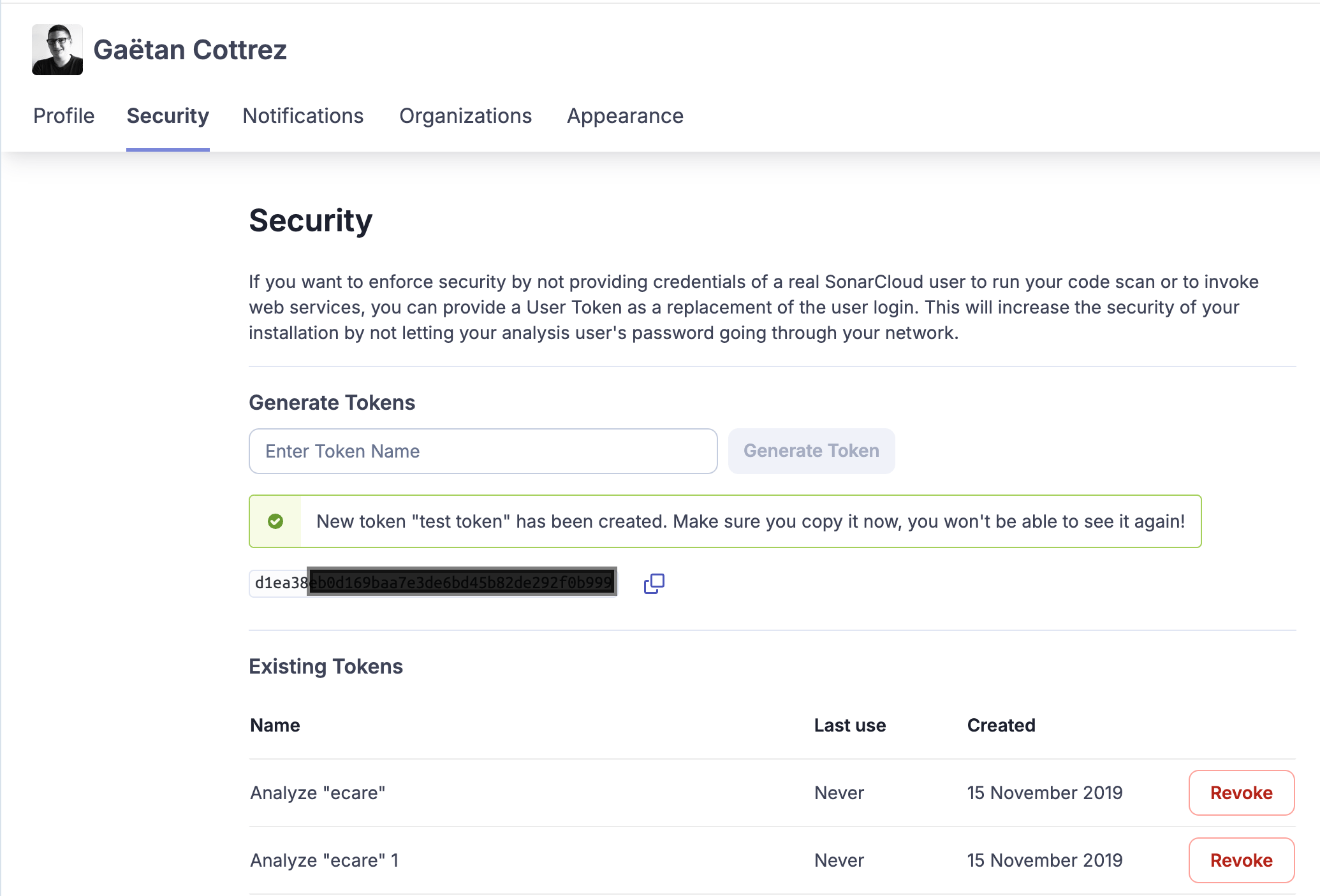 interface sonarcloud création token