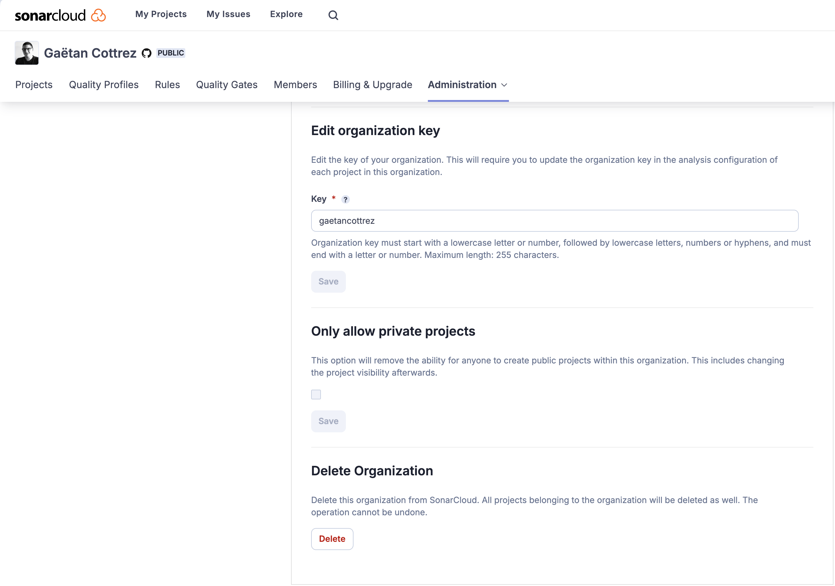 interface sonarcloud clé organisation