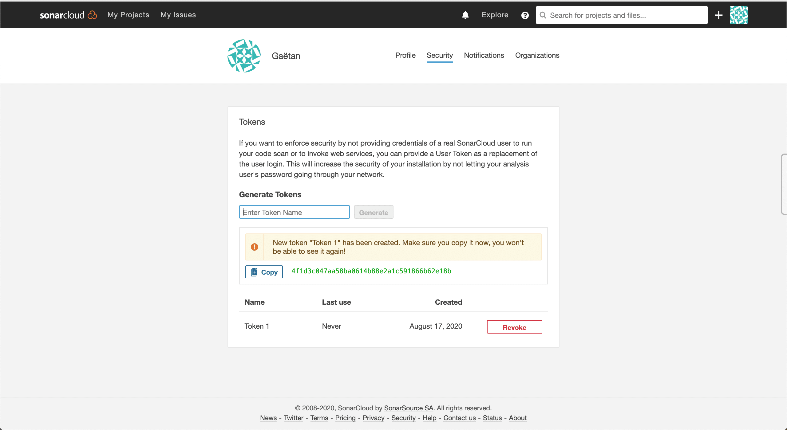 Token sonarcloud